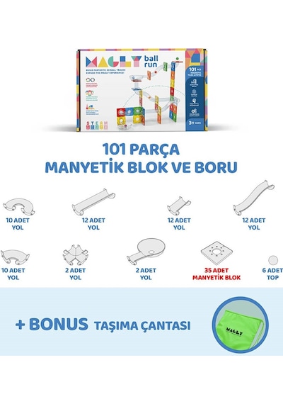 101 Parça Manyetik Yapı Seti Parkur Oyunu - Mıknatıslı Bilye Koşusu