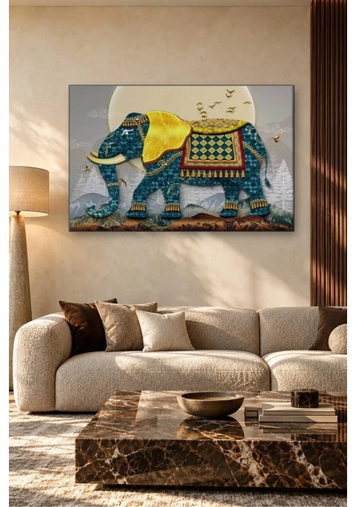 Fida Altın Örtülü Desenli Mavi Fil Canvas Tablo Çok Renkli