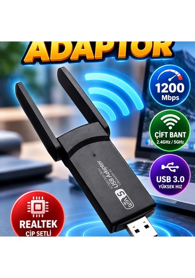 Tak-çalıştır Çift Bant Wifi Adaptör 1200 Mbps Usb 3.0 Realtek Çip Setli