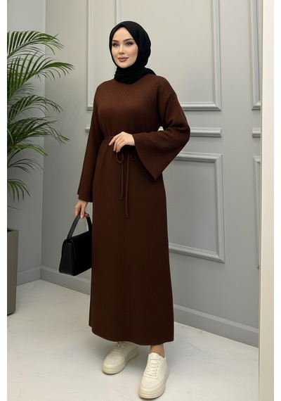 Defymoda Kadın Kahverengi Ribanalı / Fitilli Uzun Tesettürlü Kışlık Elbise - Çan Kol Detaylı Astarlı/örme Kahverengi