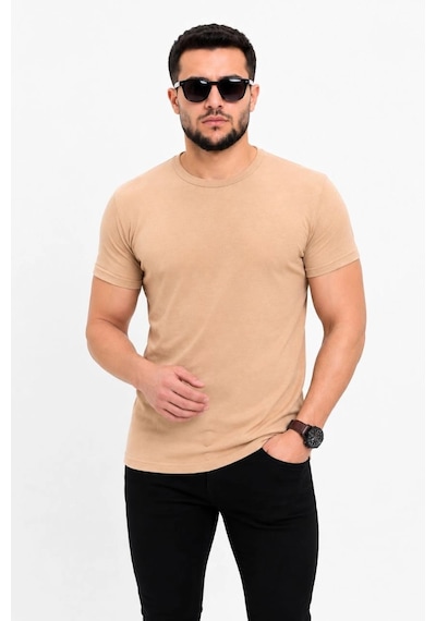 Erkek Basic Tişört Bisiklet Yaka Kısa Kol Günlük Yazlık Slim Fit T-shirt - Bej Çok Renkli