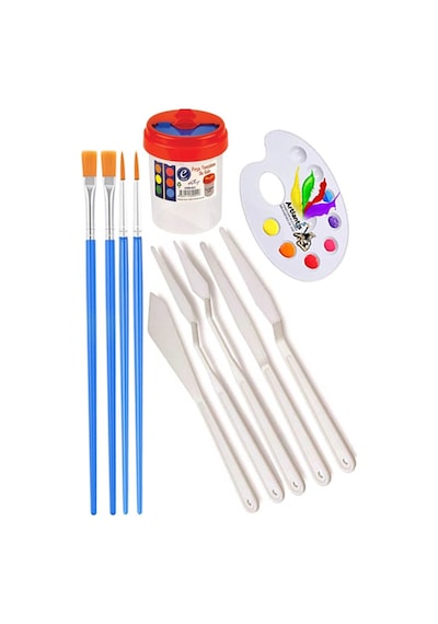 Canson Çok Amaçlı Sanatsal Blok A5 200 Gr 20 Yaprak 1 Adet 10 Renk Guaj Boya Fırça Palet Spatula Fırça Temizleme Kabı