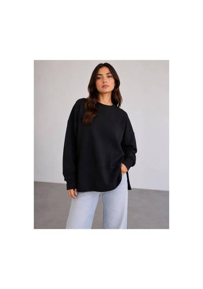 Herkesemoda Oversize/geniş Kalıp Yırtmaçlı Bisiklet Yaka Yumuşak Tuşeli Örme Sweatshirt Siyah
