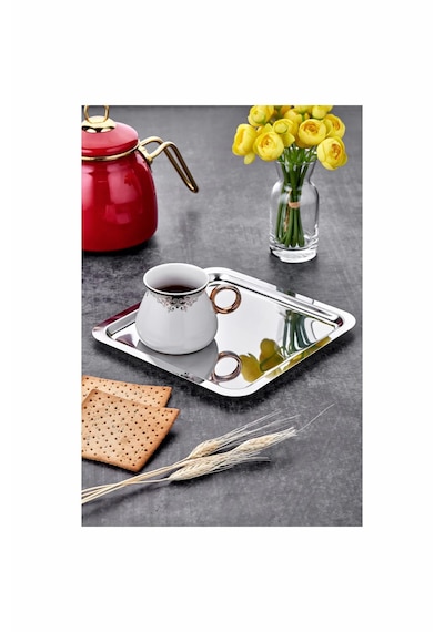 2 Adet Lüx Kare Paslanmaz Çelik Gümüş Renk 21x21cm Kahve Servis Sunum Tepsisi & Tabağı Gri - Gümüş