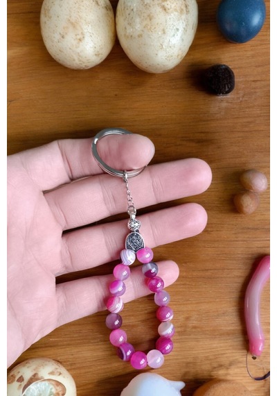 Beyaz Pembe Akik Taşı Anahtarlık Doğal Tesbih Model Doğal Taş Çelik Malzeme Hakiki Gerçek Doğal Taş