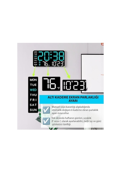 Hd Led Ekranlı Pilli Adaptörlü 2 Alarmlı Sıcaklık Tarih Göstergeli Mavi Beyaz Duvar Masa Saati Fonksiyonel Saat