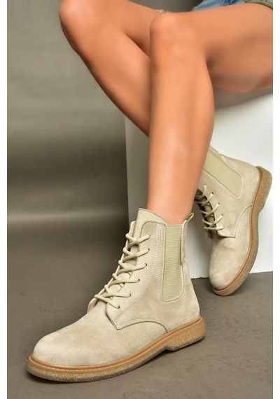 Fox Shoes R374961902 Bej Süet Yanı Lastikli Klasik Kadın Bot Bej