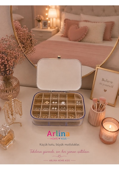 30 Bölmeli Takı Kutusu Düzenleyici Seyahat Çantası Kolye Yüzük Küpe Organizer Krem 18cmx12,5cm
