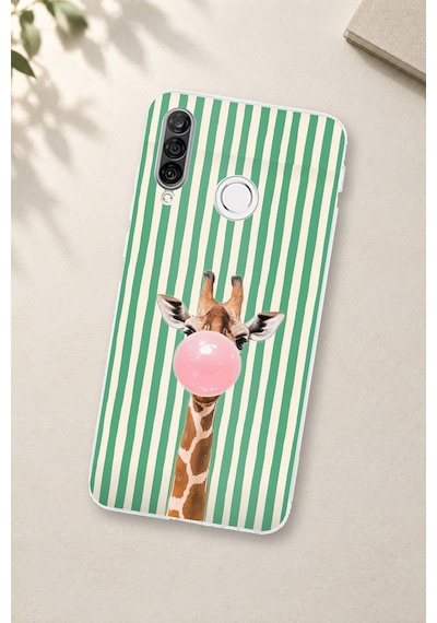 Huawei P30 Lite Uyumlu Yeşil Çizgili Sakız Şişiren Zürafa Baskılı Silikon Kılıf