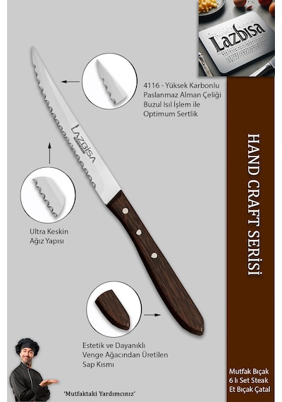 Lazbisa Mtf-058 Hand Craft Serisi Setak Et Bıçağı 6 Lı Mutfak Bıçak Restoran Et Steak Bıçak Ahşap