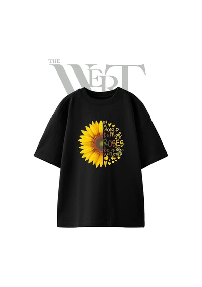 Thewert Sunflower Quote Tasarım Baskılı Ünisex Siyah Oversize T-shirt