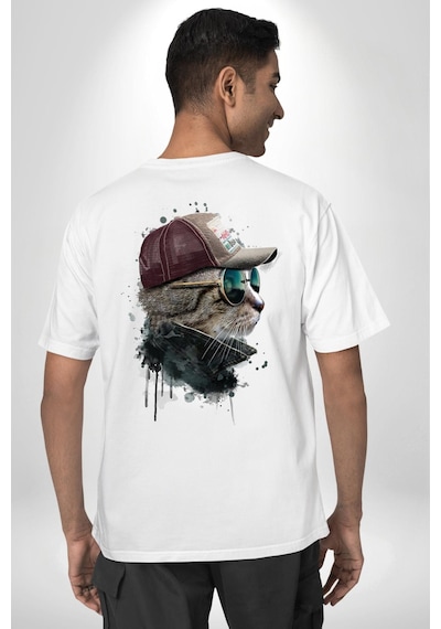 Pilot Çeketli Deri Şapkalı Cool Kedi Beyaz Oversize Unisex Ön Ve Sırt Baskılı Tişört Beyaz