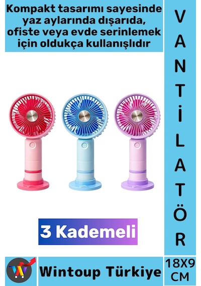 Vantilatör Kompakt Sessiz Hafif Kablosuz Taşınabilir Usb Şarjlı 3 Kademeli Masa El Fanı Vantilatör