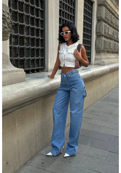 Free Blue Tasarım Tokalı Yeni Sezon Baggy Jean Mavi
