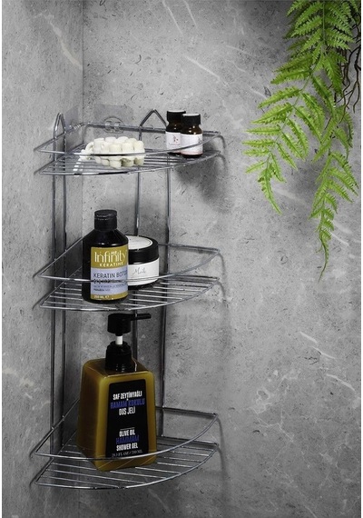Sas Haus Paslanmaz Krom 3 Katlı Banyo Köşeliği Şampuanlık Köşelik Banyo Rafı Ek-03 Çok Renkli