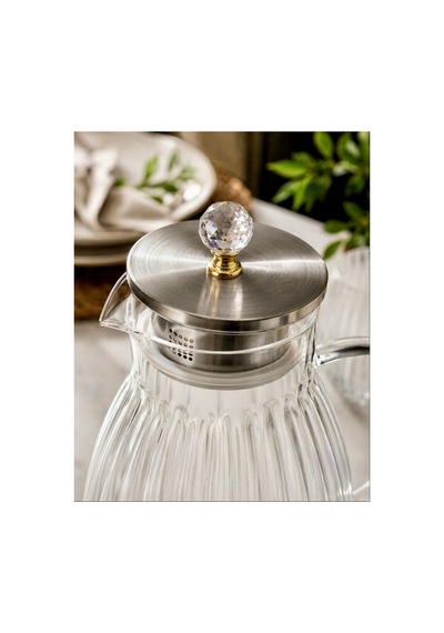 Büyük Boy Borosilikat Tasarım Cam Sürahi,1800 Ml,metal Süzgeç Kapaklı,su,limonata,detoks,çay Sürahisi-taşlı Model