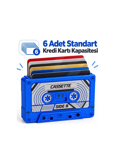 Syk Design Kaset Cüzdan Retro 3d Baskı Kartlık Mavi 6 Kart Kapasiteli
