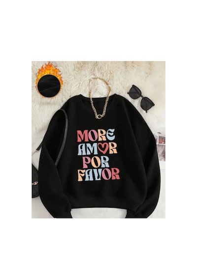 Herkesemoda More Amor Baskı Desen Detaylı Bisiklet Yaka Sweatshirt Siyah