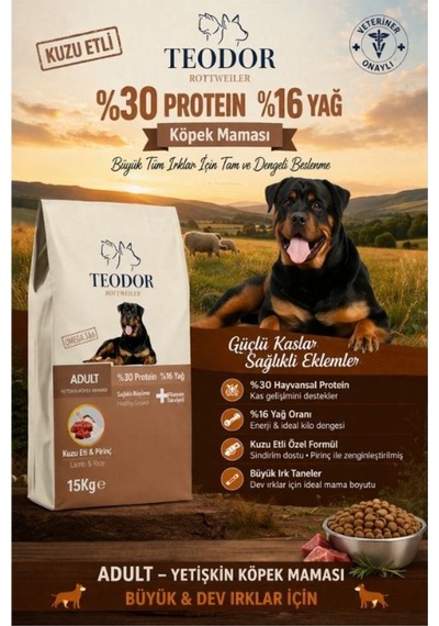 Teodor Kuzu Etli Büyük Irk Yetişkin Köpekler İçin 15 Kg %30 Protein %16 Yağ İçeren Köpek Maması
