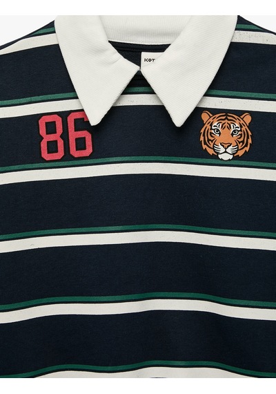 Koton Kaplan Baskılı Uzun Kollu Çizgili Polo Yaka Sweatshirt Lacivert Çizgili 7wmb10057tk