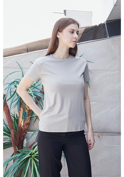 Jument Kadın Sıfır Yaka Kırışmaz Span Karışımlı Şık Kısa Kol Likralı T-shirt Bluz-gri Gri