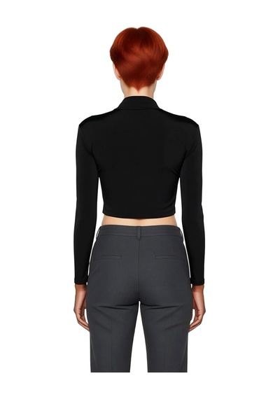 Frm Kadın Moda Şık Üst Giyim Super Crop Dik Yaka Slim Kalıp Örme Drap siyah
