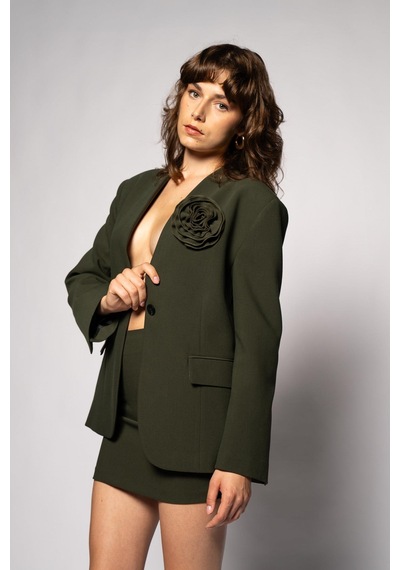 Kadın Açık Haki Gül Detaylı Yakasız Blazer Açık Haki