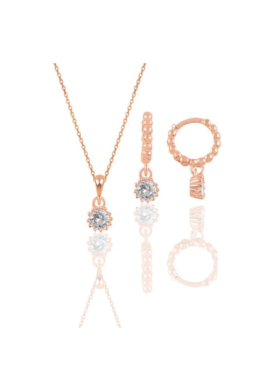 Gümüş Rose Zirkon Taşlı Kolye Ve Küpe İkili Set