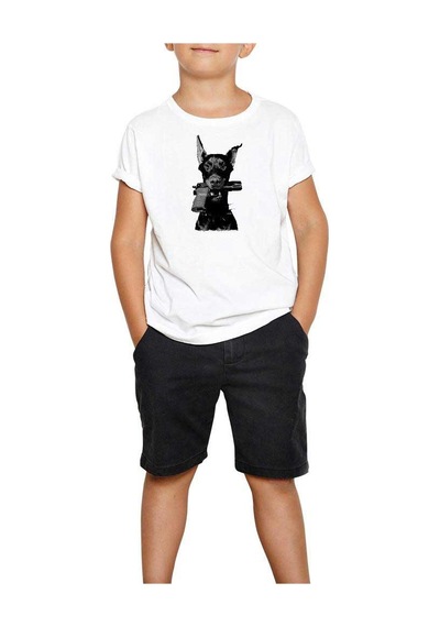 Zepplin Giyim Doberman With Gun Beyaz Çocuk Tişört