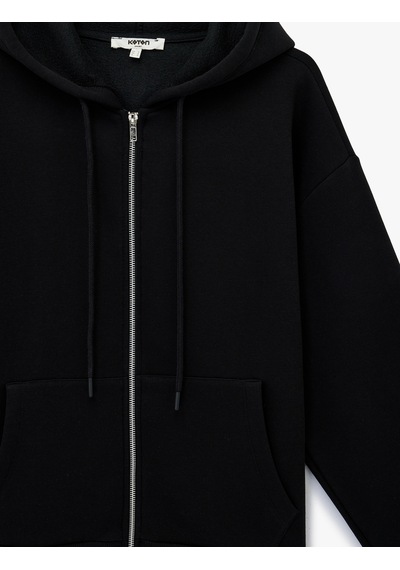 Koton Şardonlu Uzun Kollu Fermuarlı Kapüşonlu Oversize Sweatshirt Siyah 6sak10253nk