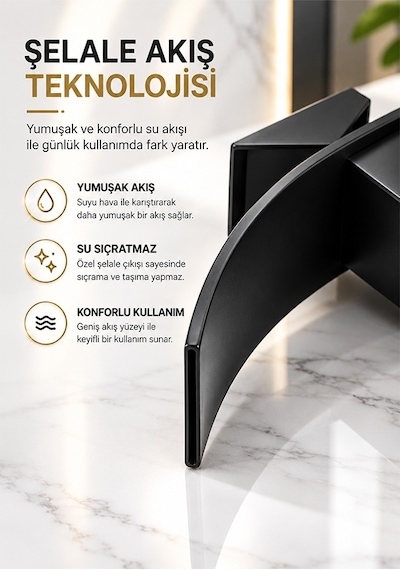 Siyah Şelale Lavabo Bataryası Mat Siyah Kare Banyo Lavabo Musluğu Paslanmaz Gövde Tek Kollu Sıcak Soğuk Batarya