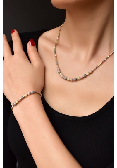 Papatya Silver 925 Ayar Gümüş Üç Renk Sim Dorika Toplu Kolye ve Bileklik Set