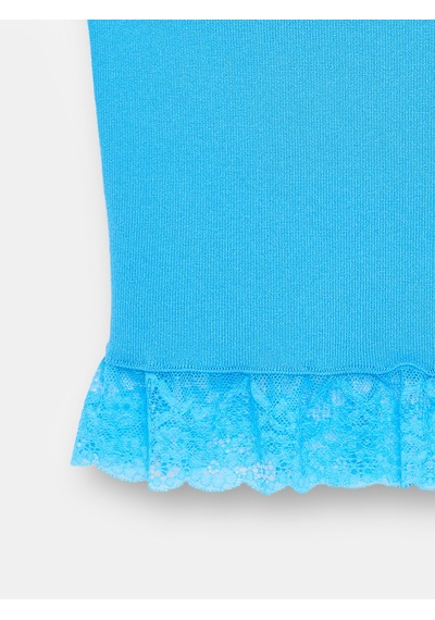 Dilvin 10868 Dantel Detaylı Halter Yaka Triko Bluz-turkuaz