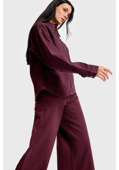 Kadın Bordo Renk T-6w5-122 Oversize Parlak Taşlı Özel Tasarım Denim Ceket