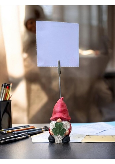 Simli Kırmızı Yonca Tutan Sevimli Şans Cücesi Fotoğraf Not Tutacağı Ofis Masası Tutacak Hediyelik Simli Kırmızı