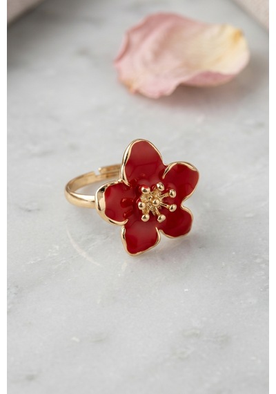 Gold Ayarlanabilir Kırmızı Sakura Çiçeği Yüzük Çok Renkli