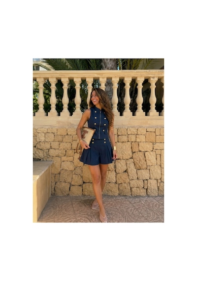 Asur Boutique Asur Butik Kadın Tüvit Gold Düğmeli Yelek Şort Etek Takım Şık Yazlık İkili Takım Lacivert
