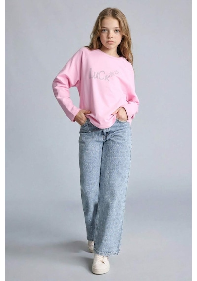 Defacto Kız Çocuk Oversize Geniş Kalıp Bisiklet Yaka Taşlı Sweatshirt G2463a825wnpn205 Pembe-pn205