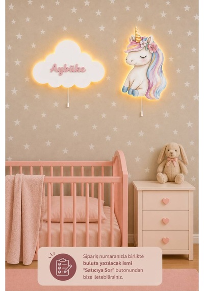 Ahşap Unicorn Ve İsme Özel Bulut Pilli Ledli Gece Lamba Seti Yıldız Hediyeli Bebek Çocuk Odası Pembe