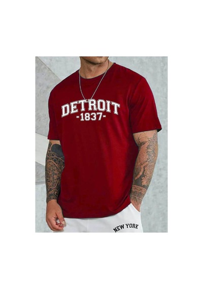Medinenur Unisex Detroit Baskılı Tshirt Kırmızı