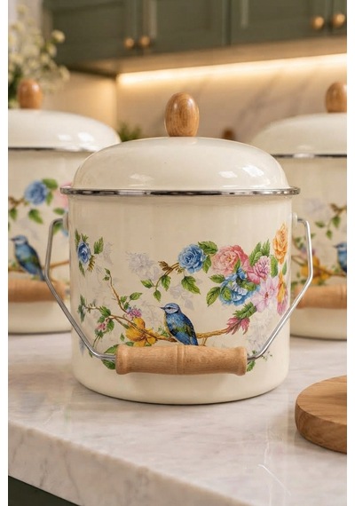 Kuş Desenli Emaye Bakraç Yoğurt Bakliyat Kabı Seti 24-26-28 Cm 95411 Kuşlu