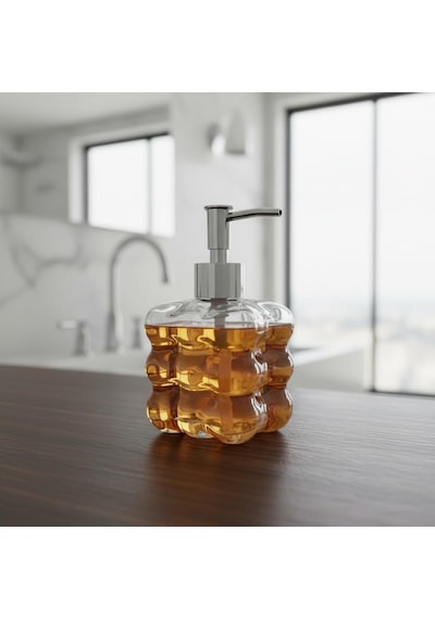 Beyaz Bubble Design Cam Sıvı Sabunluk - 450 Ml Kabartmalı Şık Banyo Ve Mutfak Sabunluğu 7x12 C 5066 - Şeffaf