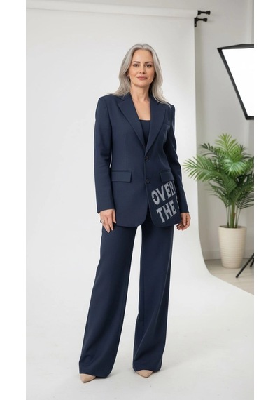 Byemelika Tasarım Baskılı Denim Blazer Lacivert