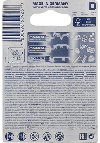 Varta 4920 Longlife Power Alkalin Büyük Boy D Pil 2'li