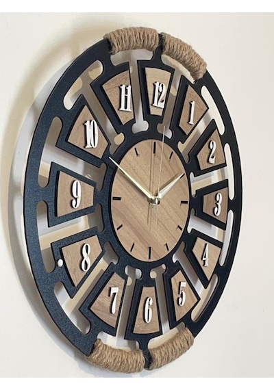 Ümra Lazer Lazer Kesim Dekoratif Ahşap Hasir Detayli Askili Sesiz Akar Duvar Saati 40x40 Ahşap