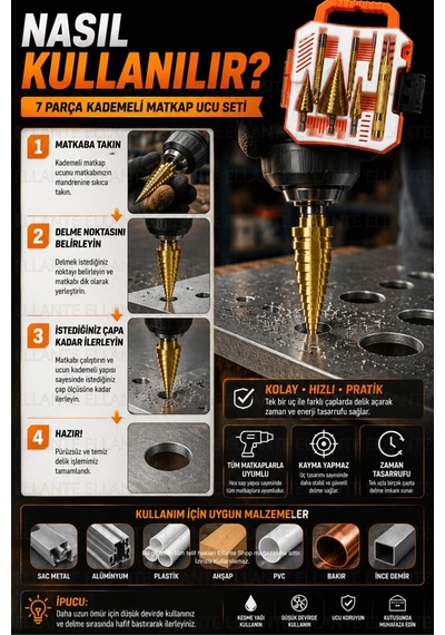 7 Parça Kademeli Matkap Ucu Seti Titanyum Kaplama Hss Sac Metal Ahşap Plastik Delici Uç Seti