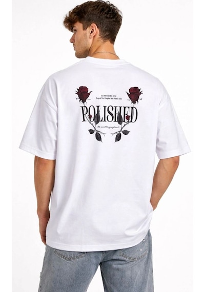 Erkek Kısa Kol Yazlık Tişört Bisiklet Yaka Baskılı Oversize T-shirt - Beyaz