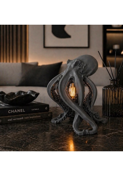 3dlab Luxury Ahtapot Masa Lambası Dekoratif Tasarım Abajur Rustik Ampullü Premium Ev Dekoru Gri