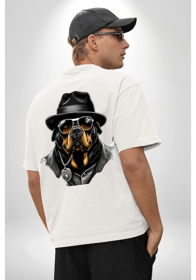 Mafya Rottweiler Beyaz Oversize Unisex Ön Ve Sırt Baskılı Tişört Beyaz