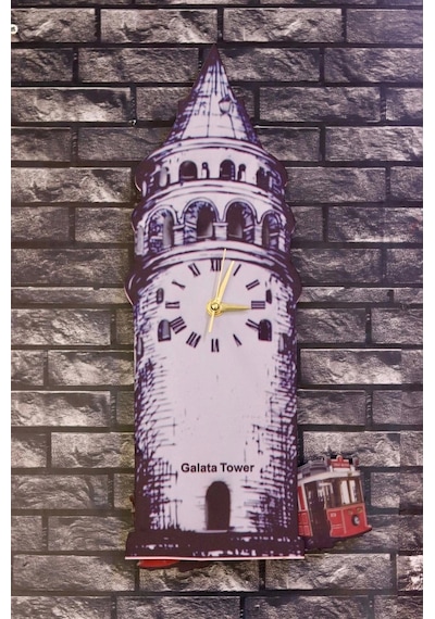 Nostalji Sallanan Sarkaçlı Galata Kulesi Duvar Saati Çok Renkli